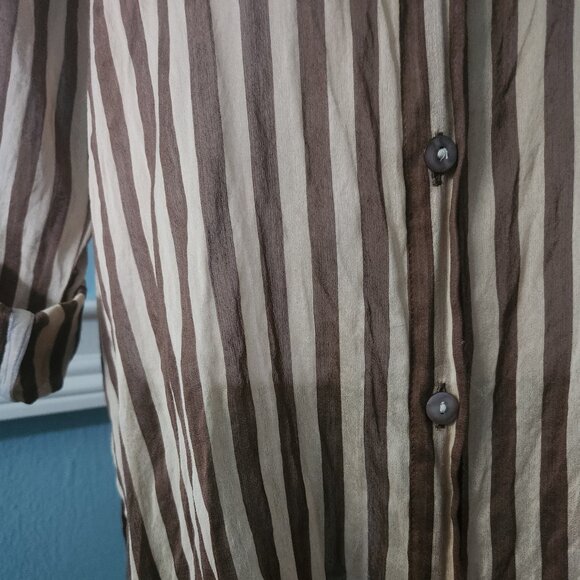 Chico’s sz 2 (L/12) Stripe Tunic Button down tan chocolate silk/cotton blend - Picture 4 of 9